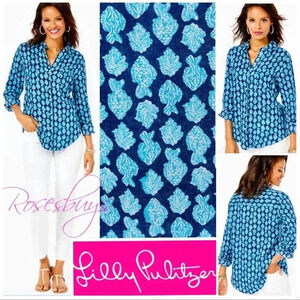 Lilly Pulitzer Women's Sea View Linen Shirt Size S Low Tide Navy Any Fin…